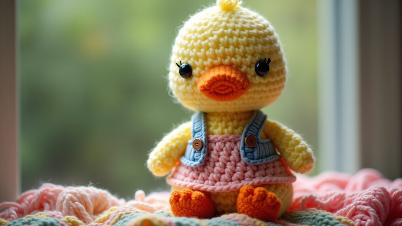Amigurumi duck with custom outfit, crochet dress, buttons, colorful yarn, 8k, sharp focus, Amigurumi pato com roupinha