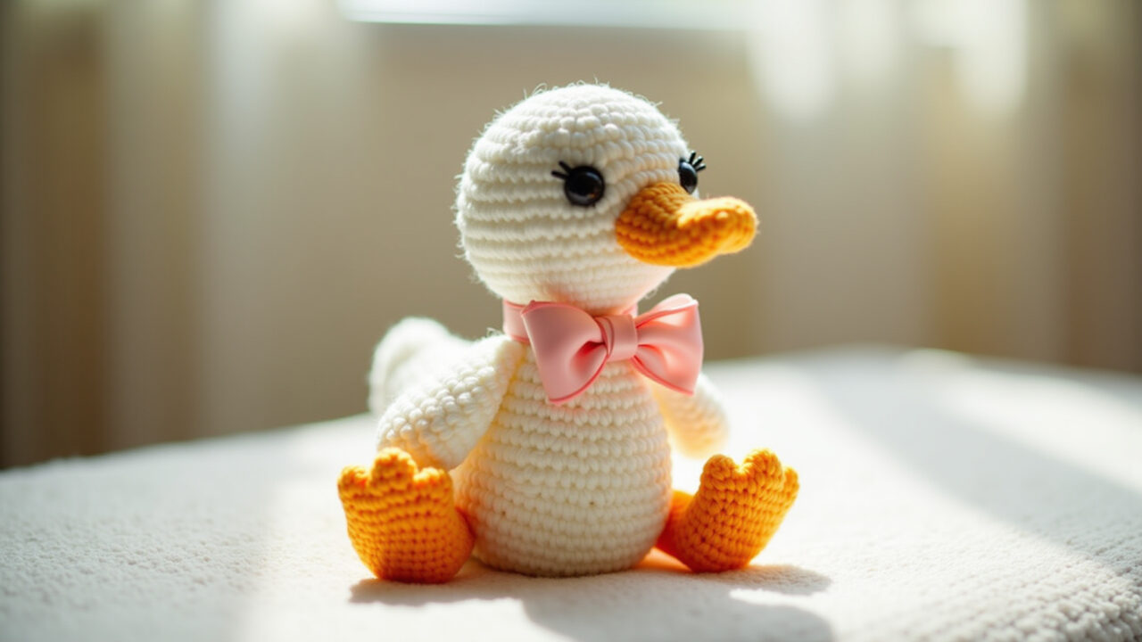 Amigurumi duck with satin ribbon bow, feminine touch, delicate details, 8k, sharp focus, Amigurumi pato com laço delicado