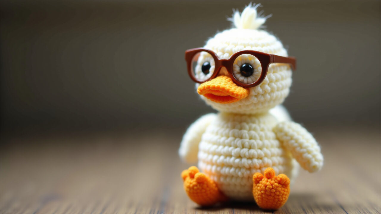 Amigurumi duck with tiny glasses, nerd chic, original design, 8k, sharp focus, professional Amigurumi pato com óculos nerd