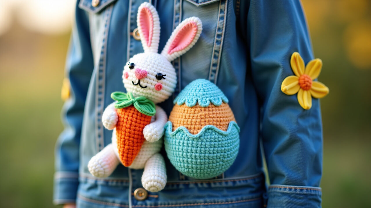 Amigurumi Easter appliques, bunny, carrot, egg, denim jacket, close-up, natural light, 8K quality, Apliques de amigurumi de Páscoa em jaqueta jeans.