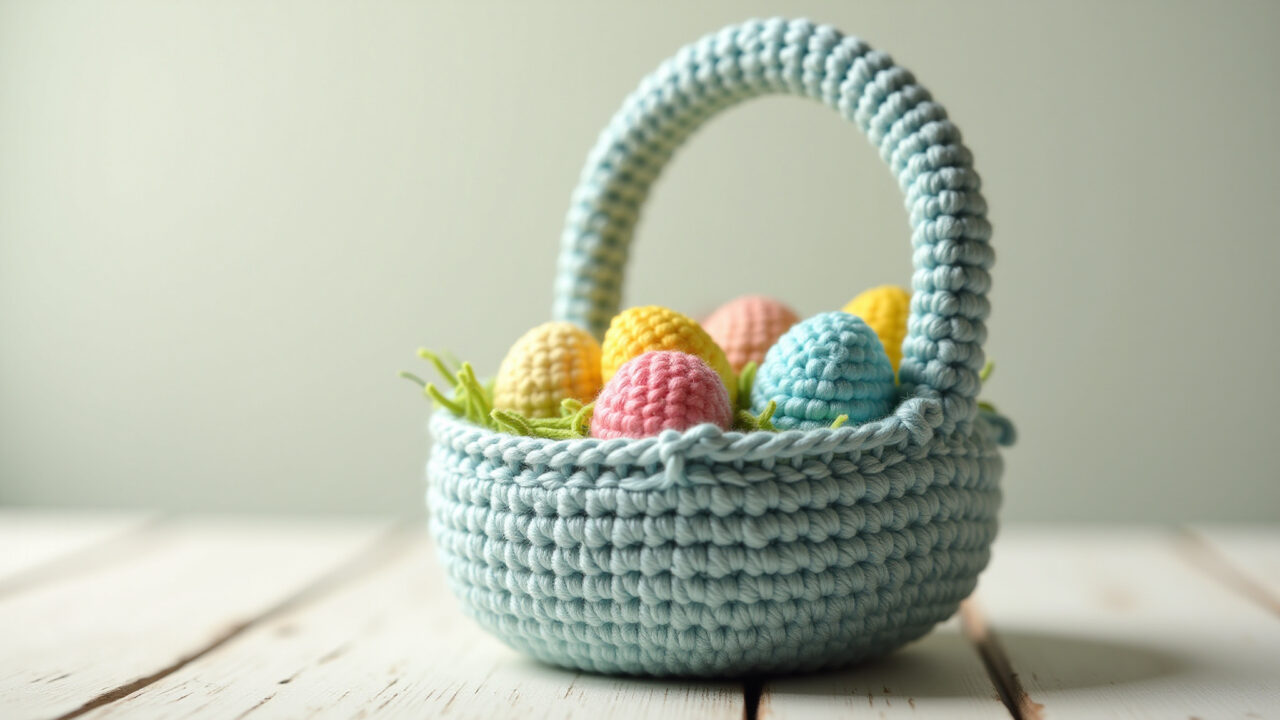 Amigurumi Easter basket, filled with candy, pastel colors, crochet texture, natural light, 8K Cesta de Páscoa de amigurumi cheia de doces.