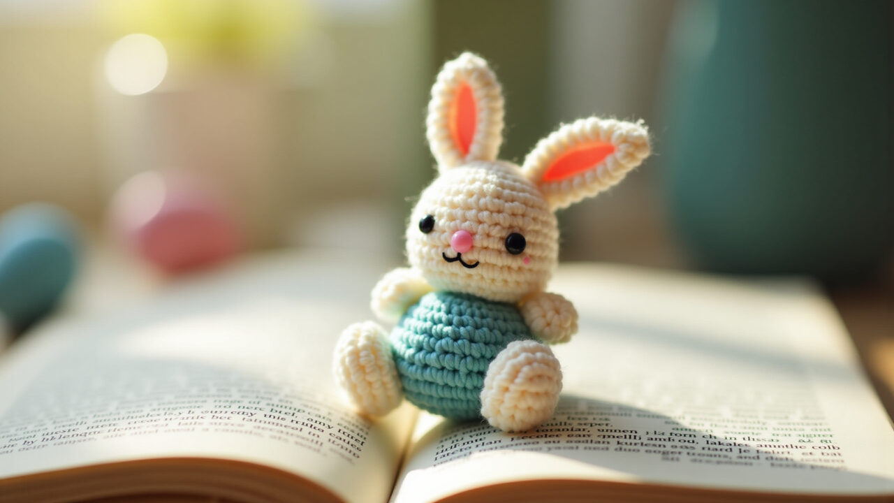 Amigurumi Easter bookmark, bunny design, book, natural light, crochet details, close-up, 8K Marcador de página de amigurumi de coelho.