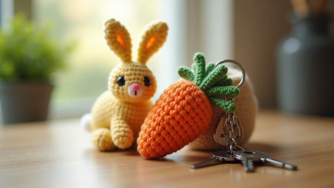 Amigurumi Easter keychain, carrot design, keys, natural light, crochet details, close-up, 8K Chaveiro de amigurumi de cenoura, Páscoa.