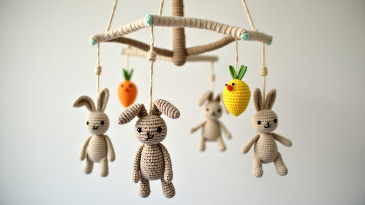 Amigurumi Easter mobile, bunnies, chicks, carrots, baby room decor, soft colors, natural light, 8K Mobile de amigurumi de Páscoa para quarto de bebê.