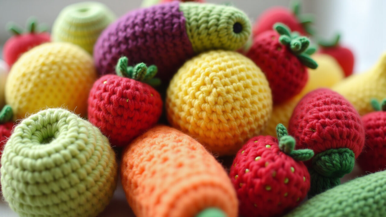Amigurumi fruits and vegetables, vibrant colors, crocheted, banana, strawberry, carrot, playful Amigurumis de frutas e legumes para o Dia das Crianças.