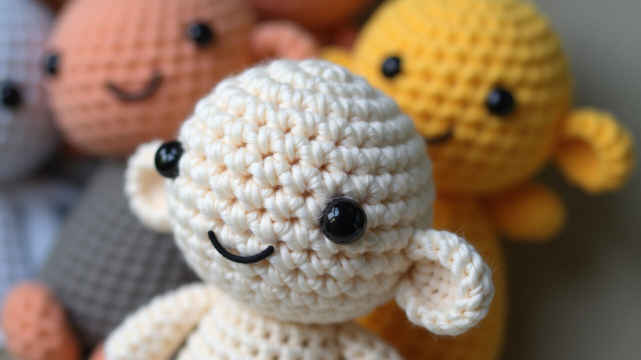 Amigurumi head shaping with 'aum' increase stitch, bright yarn colors, crochet hook detail, natural Aumento em amigurumi criando forma arredondada.