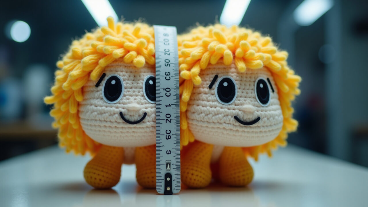 Amigurumi head with various safety eye sizes displayed, measuring tape, bright studio lighting, 8K, Comparativo de tamanhos de olhos de amigurumi.