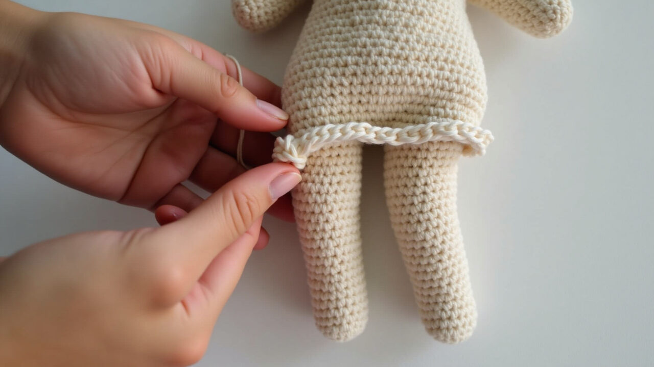 Amigurumi legs being attached, sturdy stitching, balanced doll, crochet project, natural light, 8K Unindo as pernas de um amigurumi para equilíbrio.