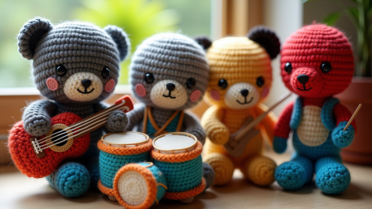 Amigurumi musical instruments, guitar, piano, drums, crocheted, vibrant colors, Brazilian artisan Amigurumis de instrumentos musicais para o Dia das Crianças.