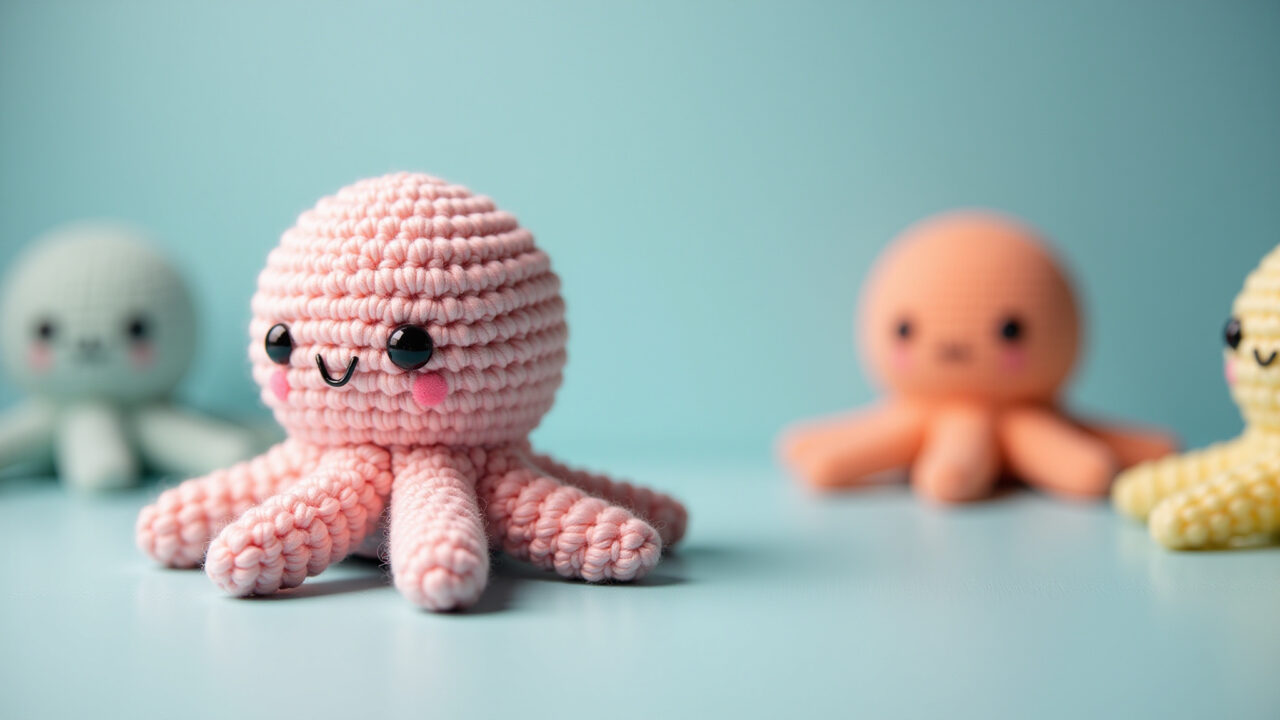 Amigurumi octopus in pastel colors, soft focus, natural lighting, playful setting, professional Amigurumi de polvo em tons pastel.