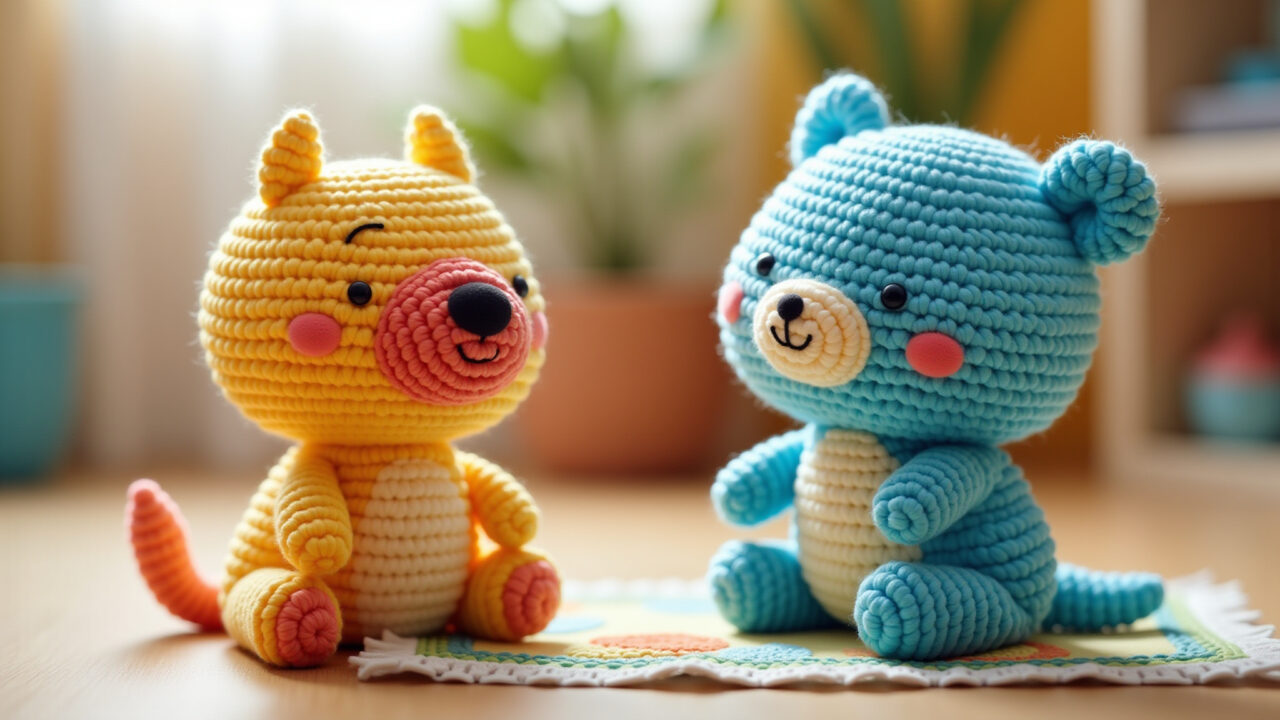 Amigurumi of a popular cartoon character, safe design, no small parts, baby playing, vibrant Amigurumi de personagem favorito para bebês maiores de 1 ano.