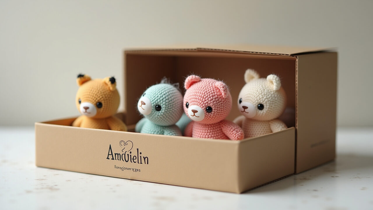 Amigurumi packaging with a clear window, cardboard box, acetate window, elegant display, Embalagem com visor para amigurumi.