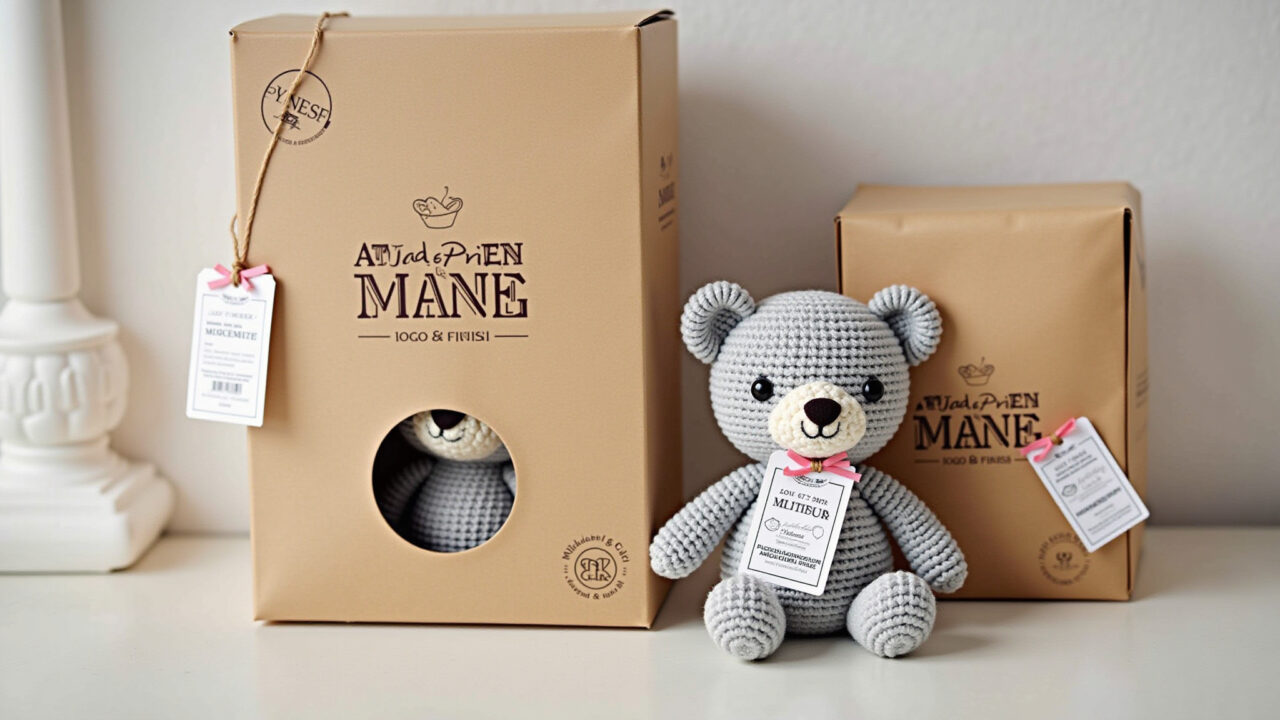 Amigurumi packaging with personalized tags and labels, logo, product information, professional Embalagem com tags e etiquetas personalizadas para amigurumi.