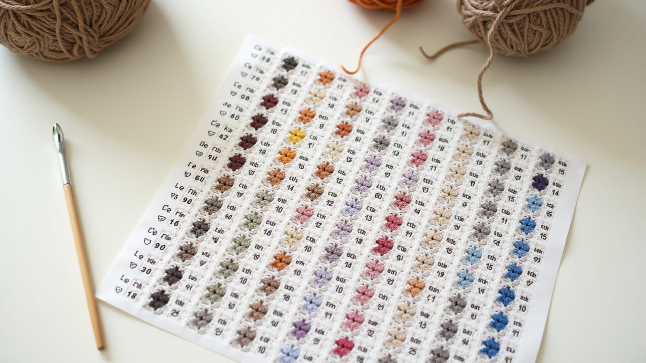 Amigurumi pattern chart with color-coded squares, crochet hook, yarn, natural light, sharp focus, Gráfico para amigurumi com fio conduzido.