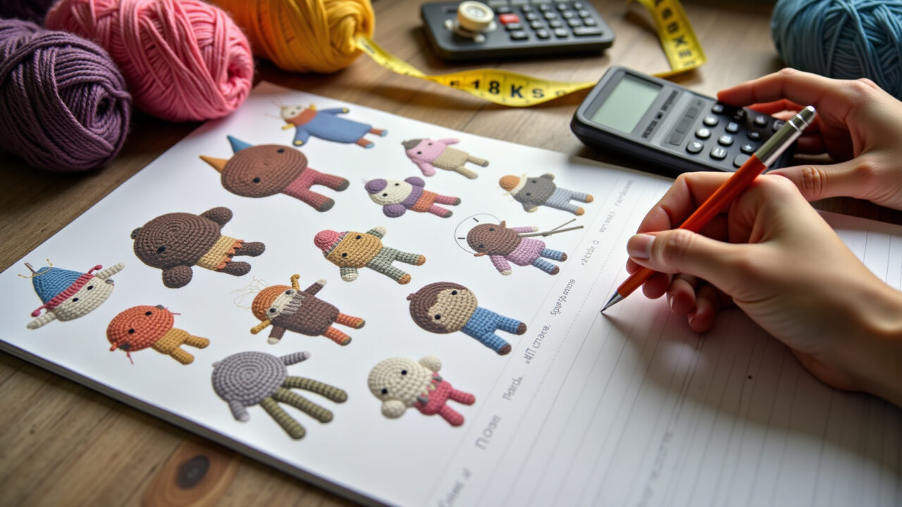 Amigurumi pattern with yarn skeins, measuring tape, calculator, notebook, close-up, studio Calculando a quantidade de fio para um amigurumi.