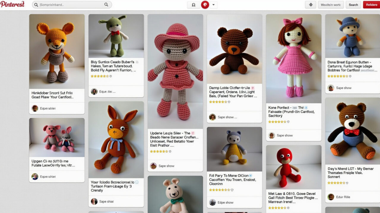 Amigurumi photos pinned on a Pinterest board, linking to online store. Professional photography, 8K Amigurumis divulgados em um painel do Pinterest.