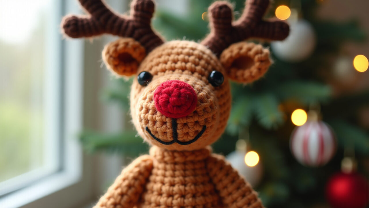 Amigurumi rena com nariz vermelho brilhante.