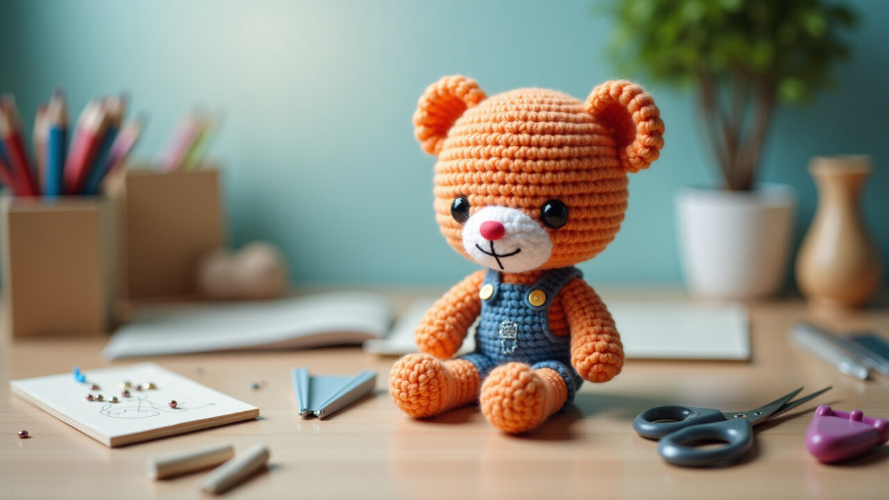 Amigurumi sewing tools, needles, pins, scissors, craft table, bright studio, professional Ferramentas essenciais para costurar amigurumis.