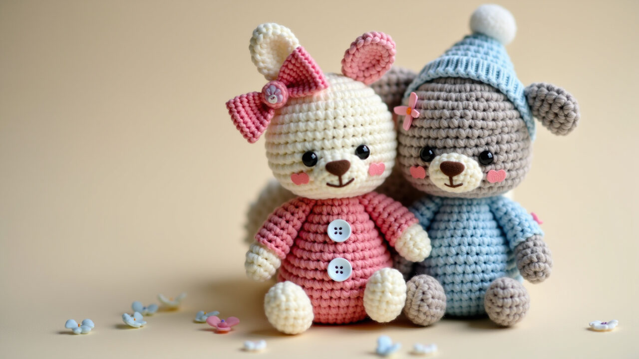 Amigurumi with cute miniature accessories, flowers, buttons, ribbons, balanced composition, 8K Amigurumi com acessórios charmosos, composição equilibrada.