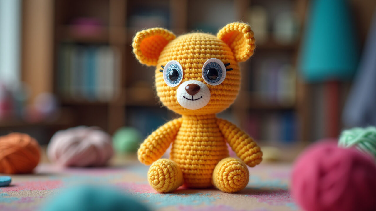 Amigurumi with glitter eyes, craft table, colorful yarn, soft lighting, 8K, sharp focus, commercial Amigurumi com olhos de glitter.