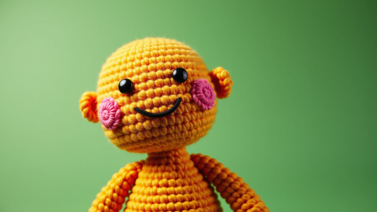 Amigurumi with irregular stitch tension, distorted shape, bright Brazilian background, professional Amigurumi deformado por tensão irregular dos pontos.