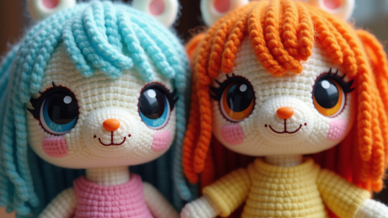 Amigurumi with kawaii features, big eyes, vibrant colors, cute expression, professional Amigurumi com traços kawaii da cultura japonesa.