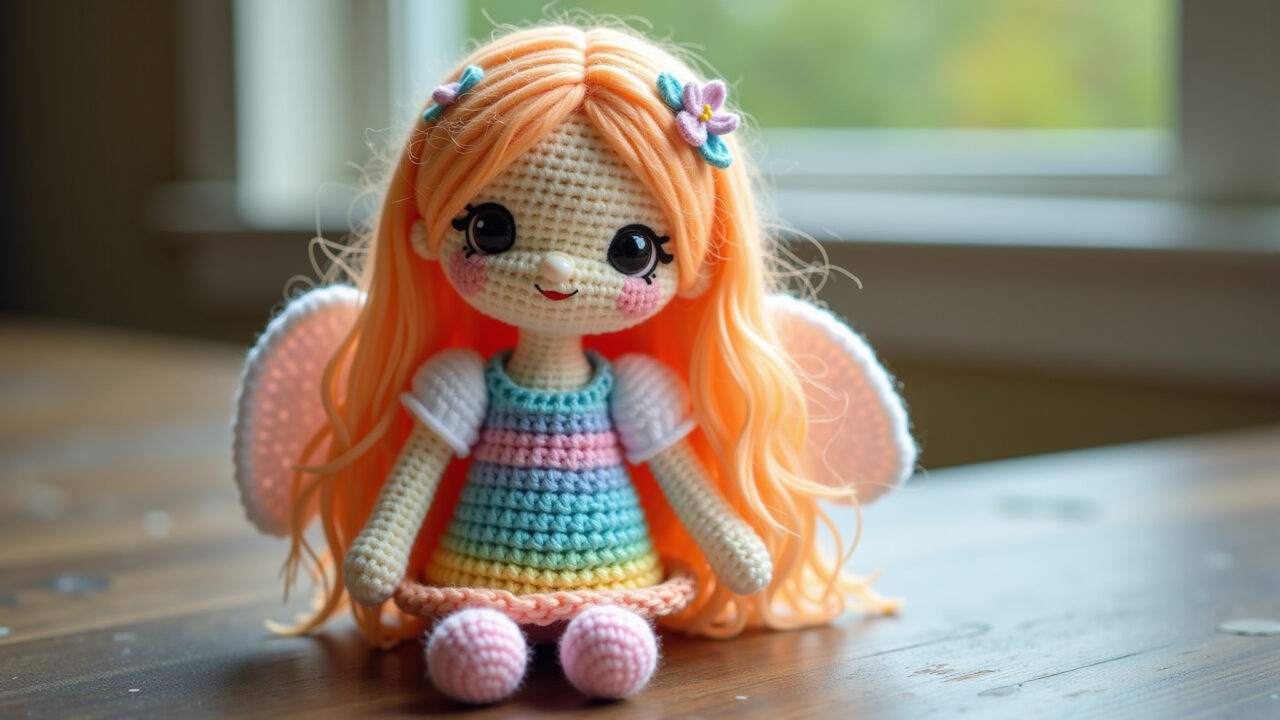 Angel amigurumi, crochet dress, unique design, colorful, personalized, natural light, lifestyle Amigurumi anjo com roupa de crochê personalizada.