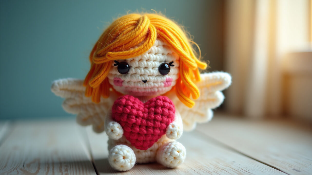 Angel amigurumi, holding crochet heart, vibrant colors, neutral tones, contrasting, natural light, Amigurumi anjo segurando um coração de crochê.