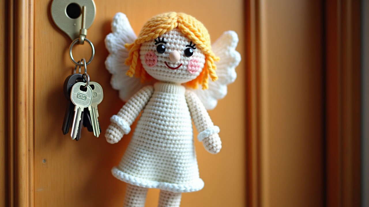 Angel amigurumi, holding keys, wooden door background, charming, functional, natural light, Amigurumi anjo porta-chaves pendurado na porta.