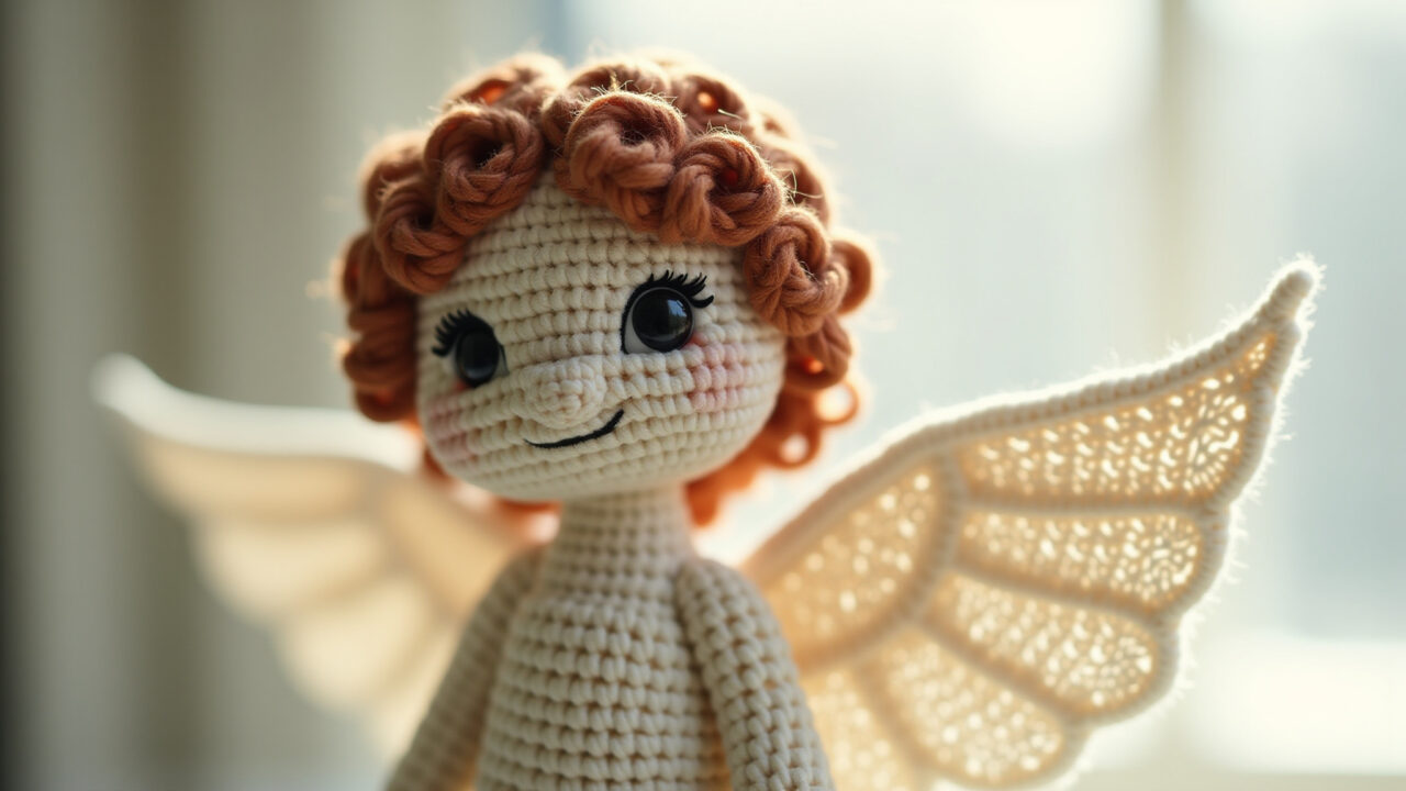 Angel amigurumi, lace wings, vintage style, soft light, elegant, crochet details, 8K quality, Amigurumi anjo com asas de renda, estilo vintage.