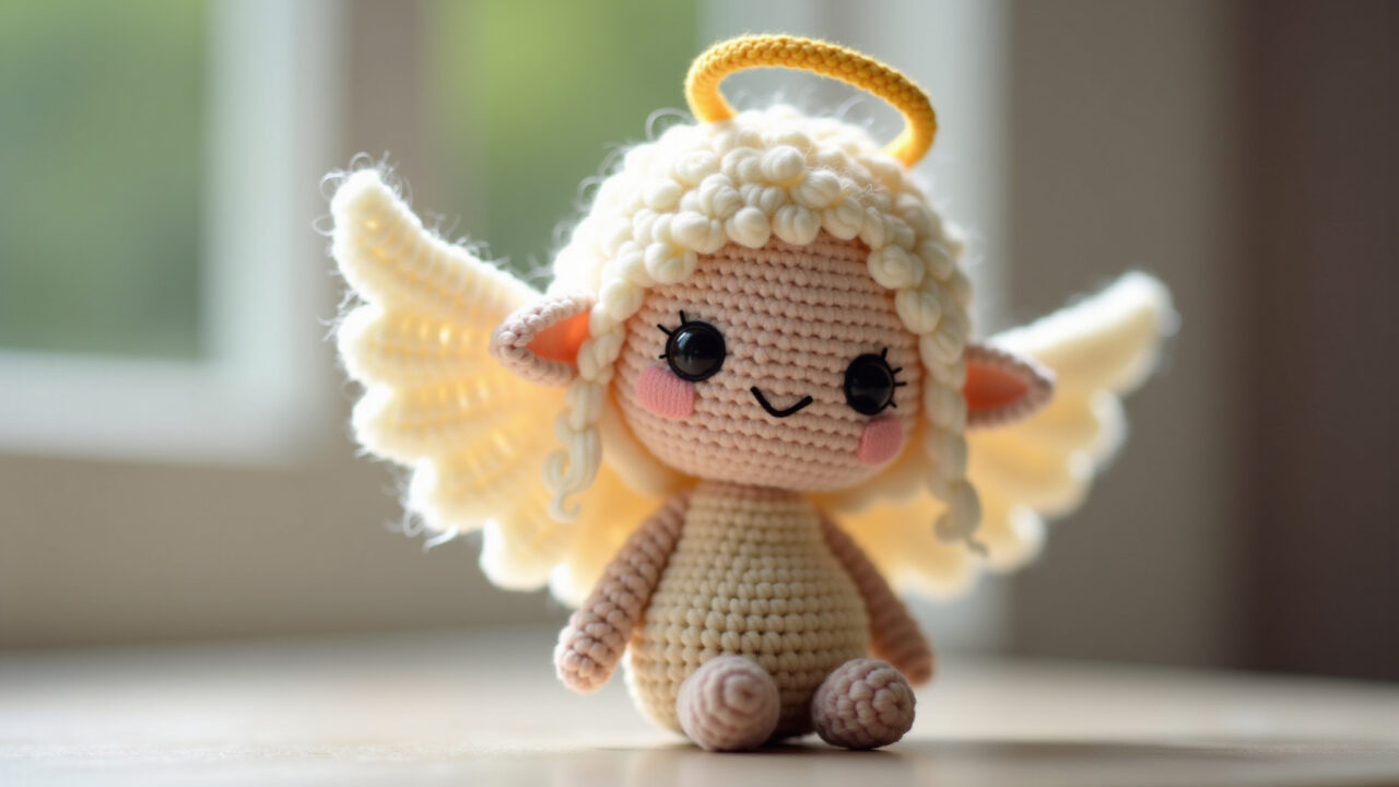 Angel amigurumi, wool hair, fun style, different colors, playful, natural light, 8K quality, Amigurumi anjo com cabelo de lã colorido.