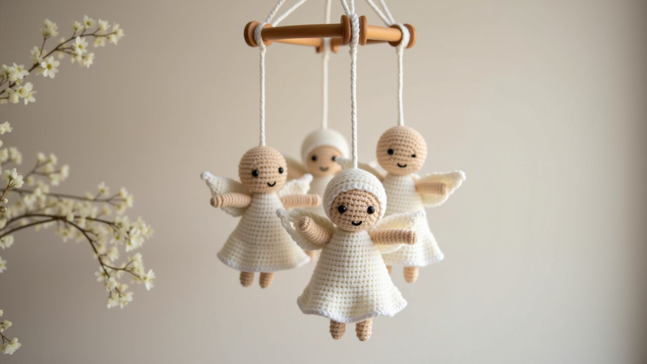Angel amigurumis, baby mobile, delicate, enchanting, different sizes, wooden hoop, soft light, 8K, Móbile de bebê com amigurumis anjo.