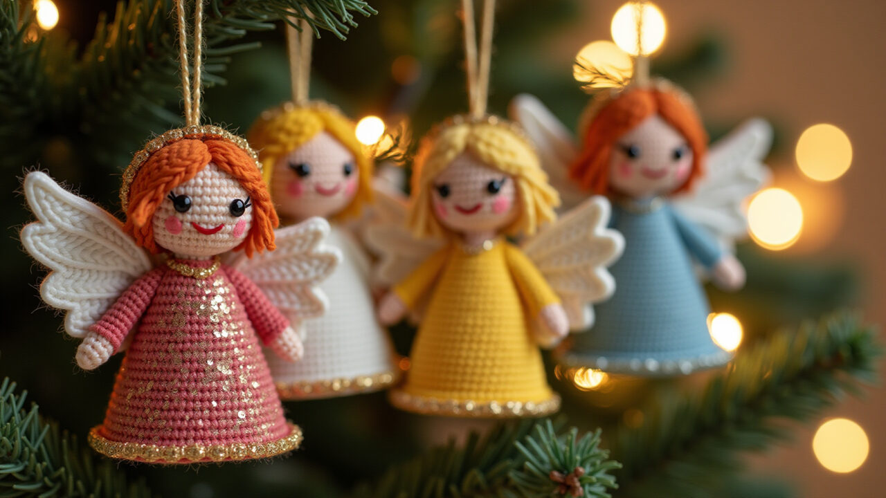 Angel amigurumis, Christmas tree decoration, different sizes, glitter details, festive touch, warm Amigurumis anjo decorando árvore de Natal.