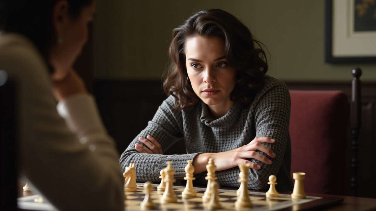 Beth Harmon concentrada jogando xadrez em O Gambito da Rainha.