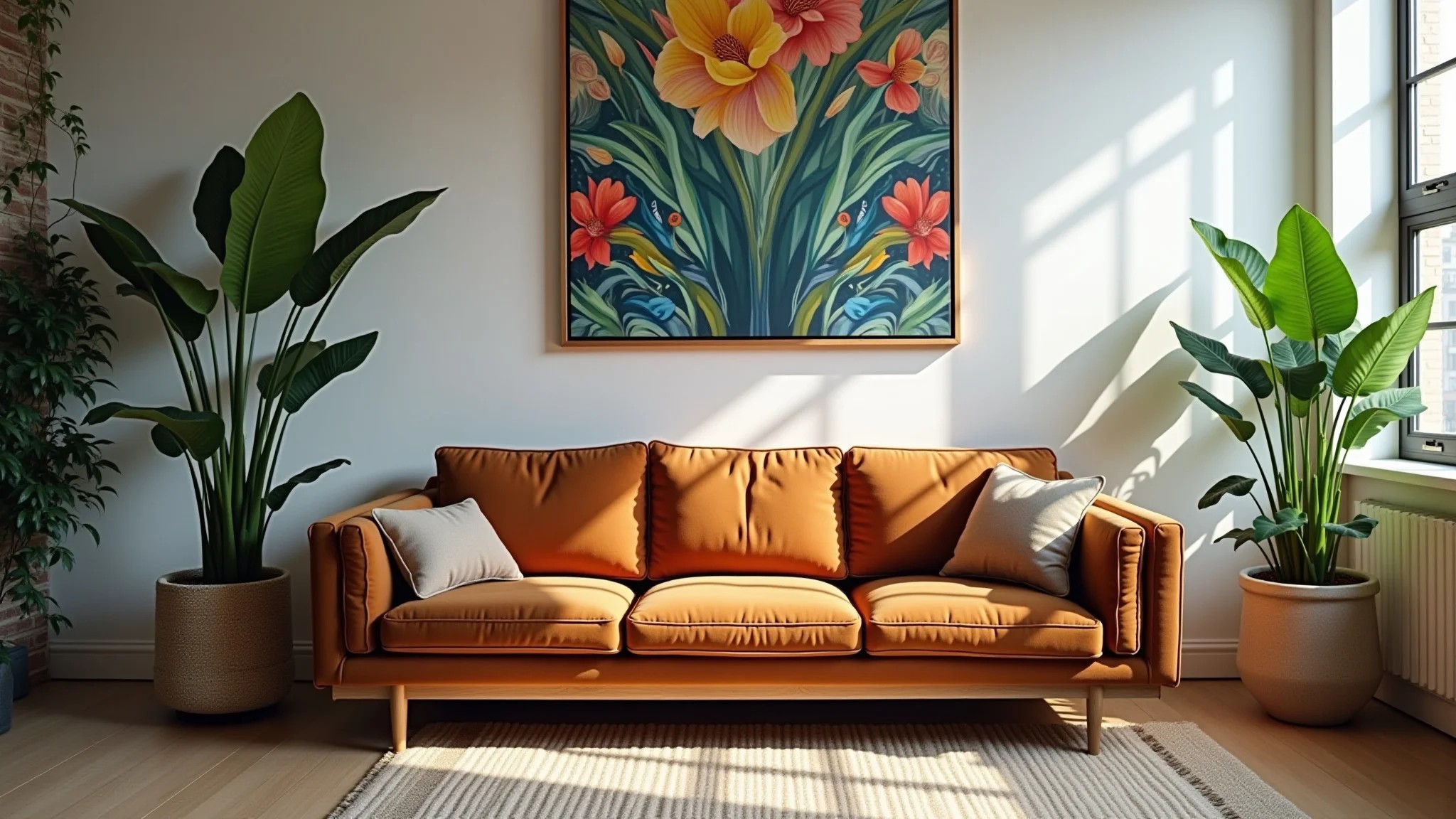 Apartamento com sofá marrom, plantas verdes vibrantes e arte colorida.