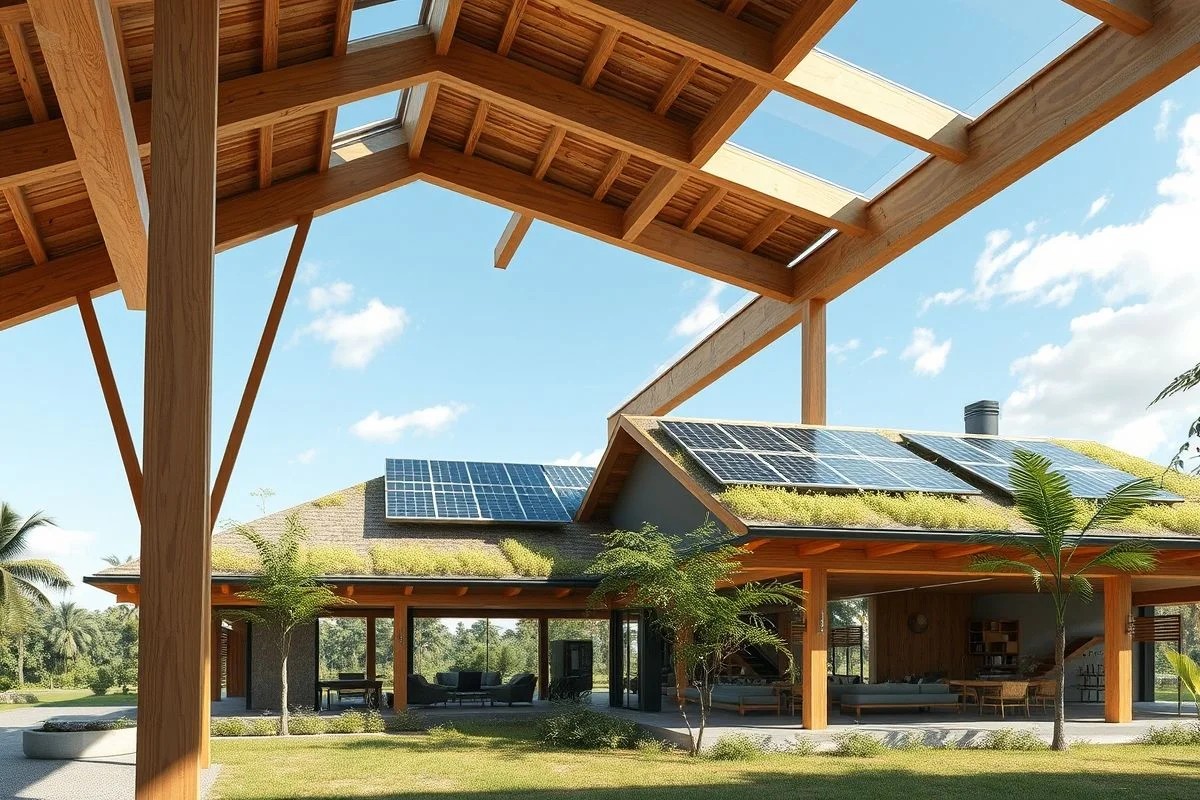 Projeto arquitetônico sustentável com vigas invertidas, painéis solares e telhado verde, representando construção