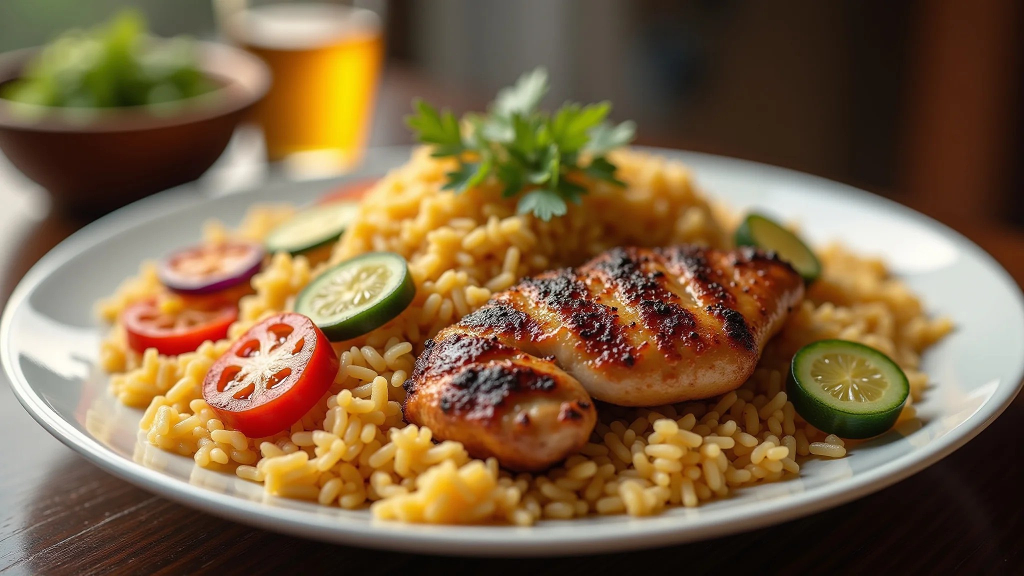 Arroz basmati servido com frango grelhado e legumes, uma opção aromática e nutritiva para uma refeição saudável.