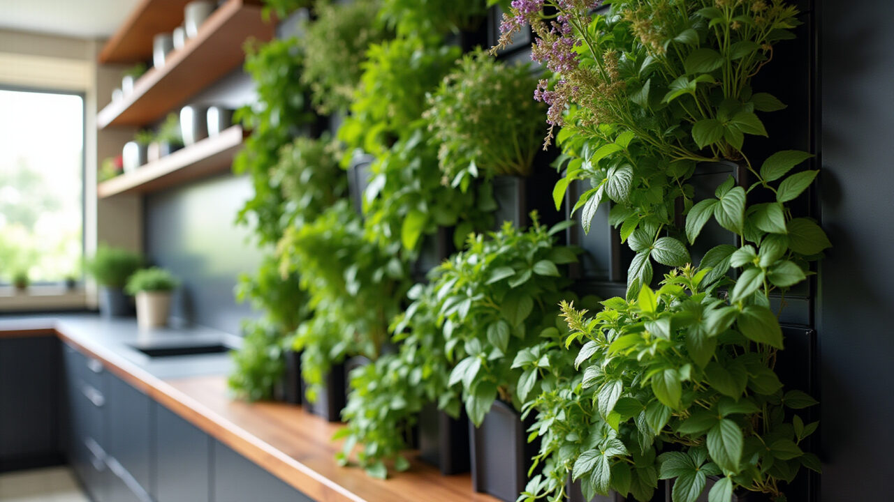 Aromatic herbs in a double-height vertical garden, showcasing culinary and sensory benefits, Ervas aromáticas em jardim vertical de pé direito duplo.
