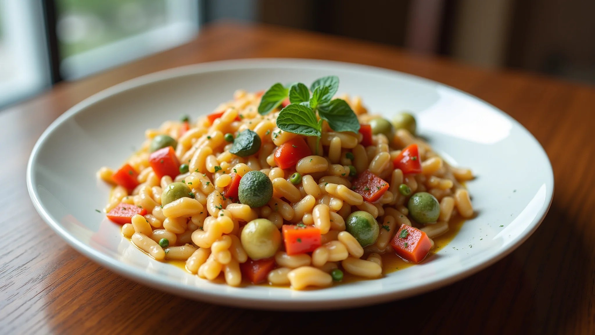Arroz à grega vegano com legumes coloridos e molho cremoso à base de plantas.