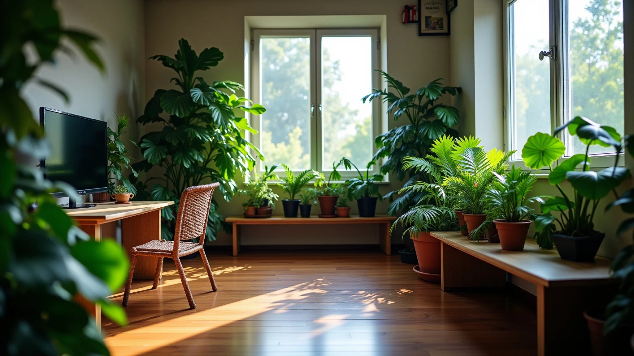 Plantas artificiais em quarto gamer com decoração brasileira e luz natural.