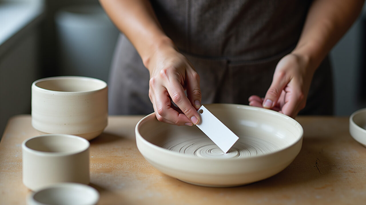 Artesão precificando cerâmicas artesanais com etiqueta.