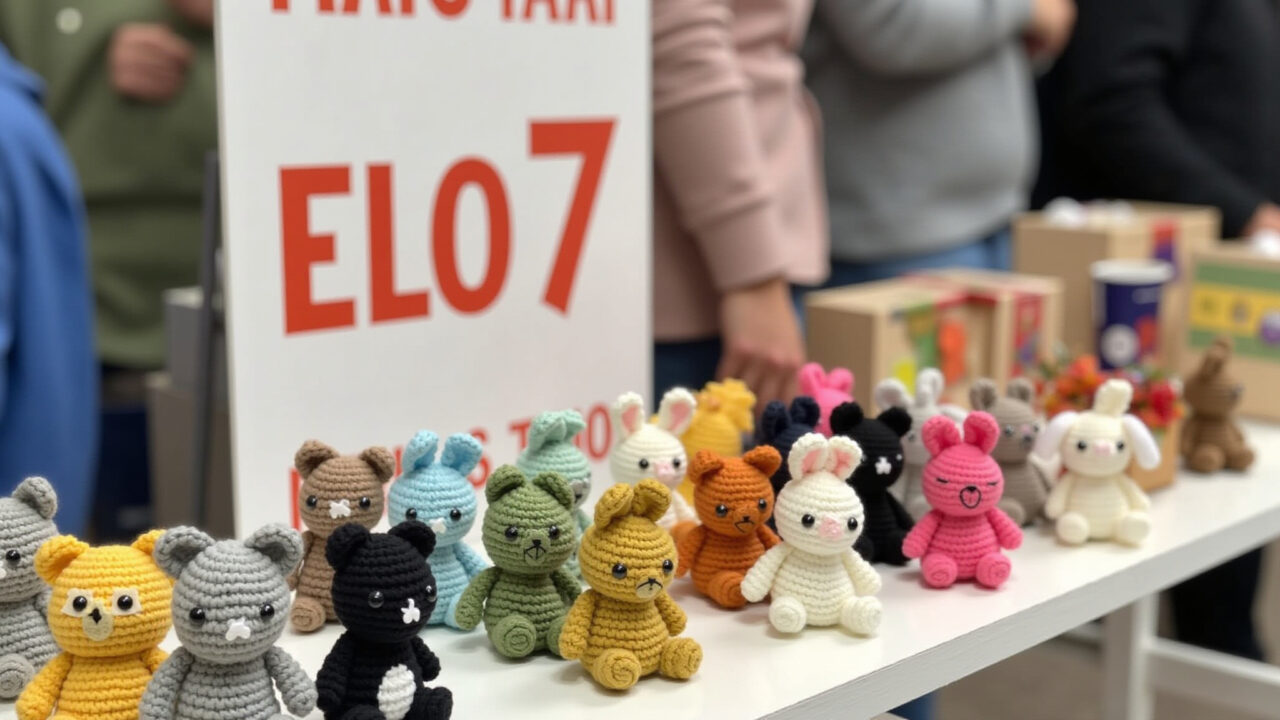 Artesã vendendo mini amigurumis em feira de artesanato com loja Elo7.