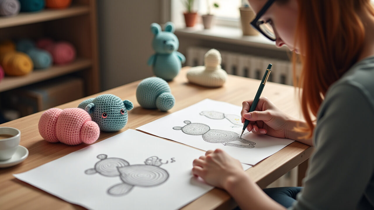 Artist creating personalized amigurumi, design sketches, yarn selection, studio setting, Artista criando amigurumi personalizado.