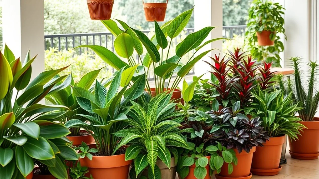 Assorted potted plants grouped together based on similar watering needs on a bright Brazilian Vasos de plantas agrupados por necessidades de rega, varanda brasileira.