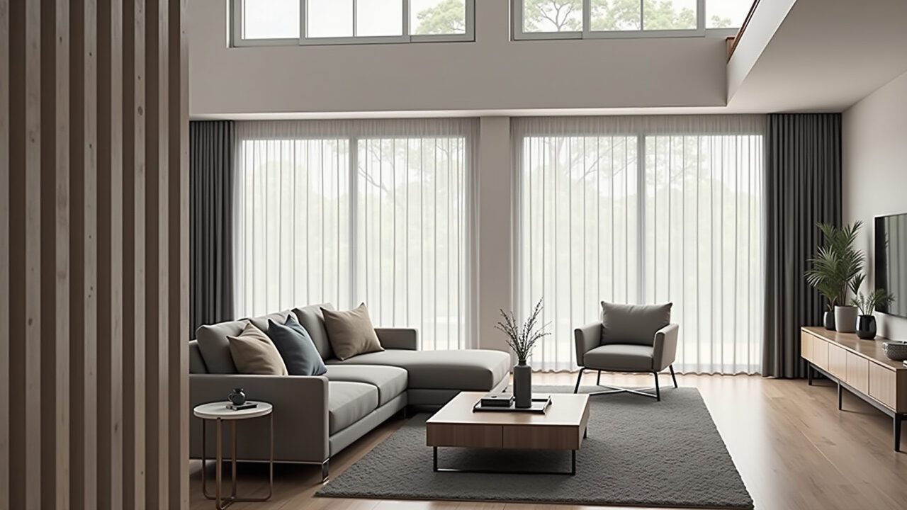 Automated curtains, double height living room, smart home, modern design, natural light, Brazilian Sala de estar com cortinas automatizadas para pé direito duplo.
