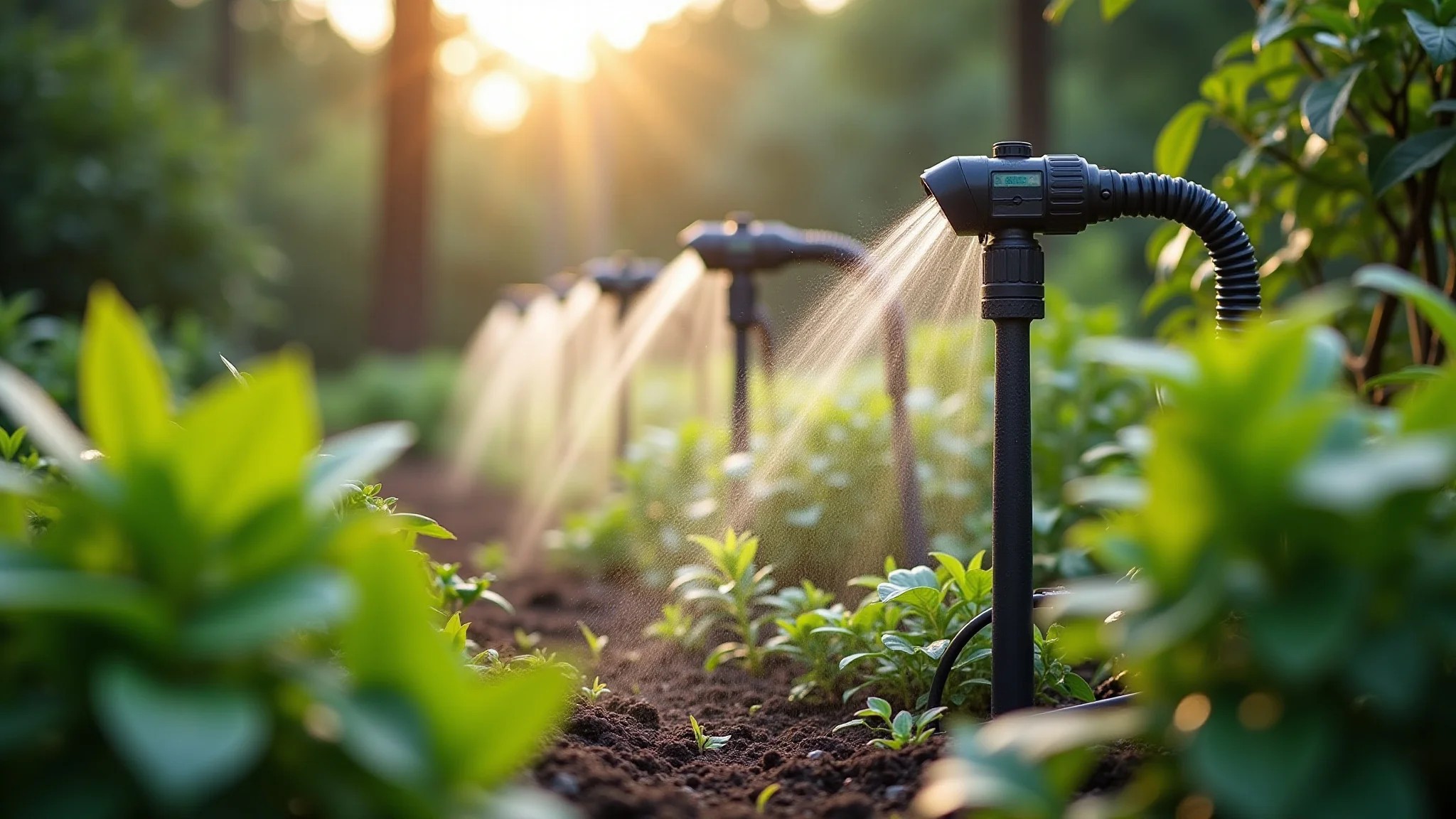 Sistema de irrigação automatizado regando plantas em um exuberante jardim brasileiro.
