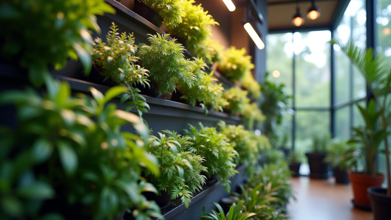 Automated irrigation system in a double-height vertical garden, demonstrating easy maintenance, Sistema de irrigação automatizado em jardim vertical de pé direito duplo.