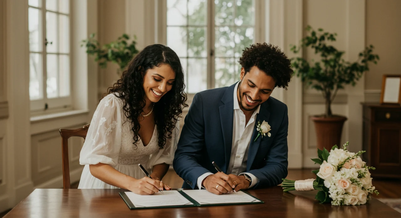 Casal brasileiro assinando os papéis do casamento civil em cartório.