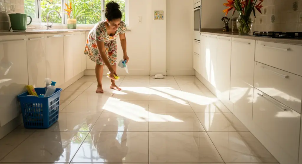 Dona de casa brasileira limpando porcelanato
