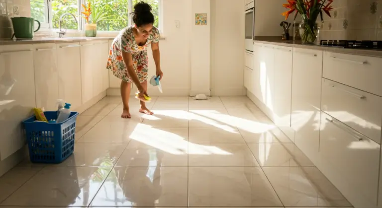 Dona de casa brasileira limpando porcelanato